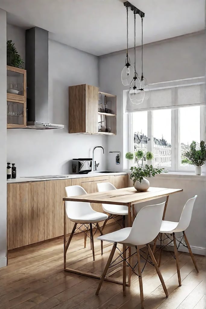 Multifunctional appliances and a compact dining table optimize a small Scandinavian kitchen