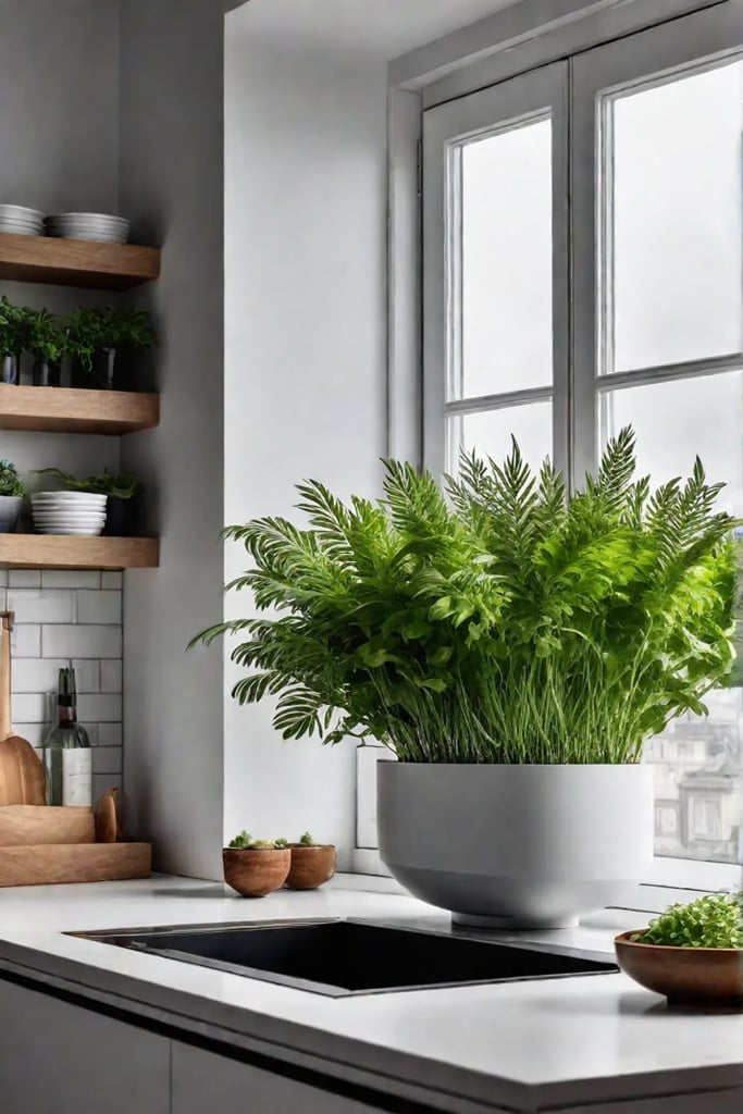 Natural elements complement the minimalist aesthetic of a Scandinavian kitchen