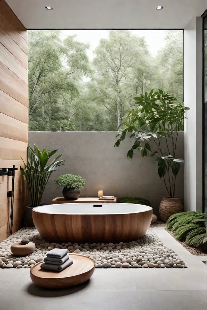 Natureinspired bathroom with stone floor and wooden accents