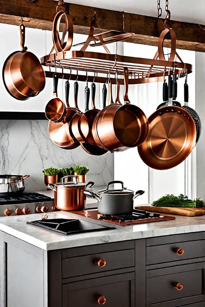 Organized kitchen island storage with pullout drawers and a rustic pot rack above