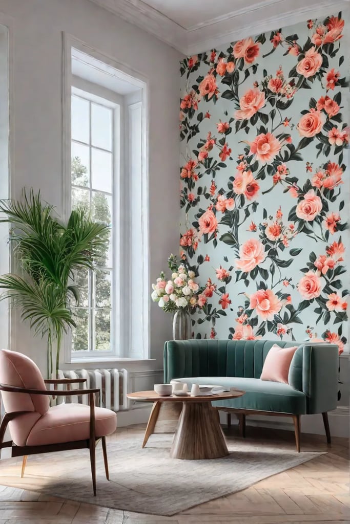 Pastel floral wallpaper on shiplap in a farmhouse kitchen