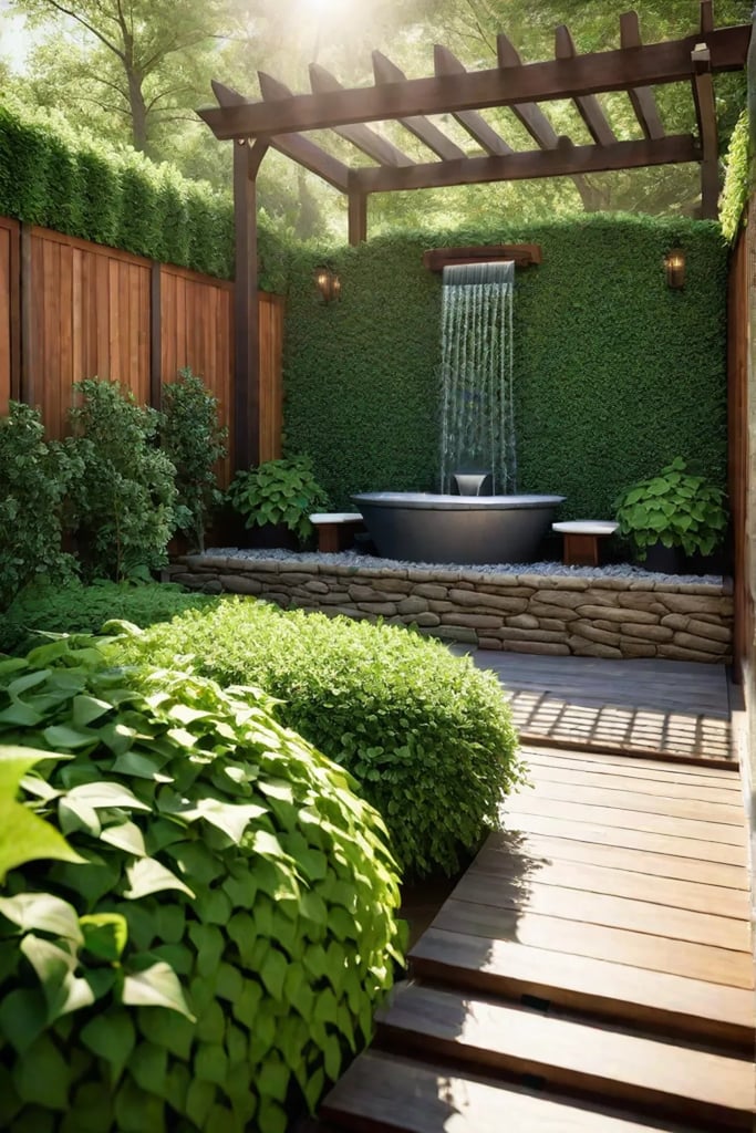 Private backyard retreat with a wooden fence and water feature