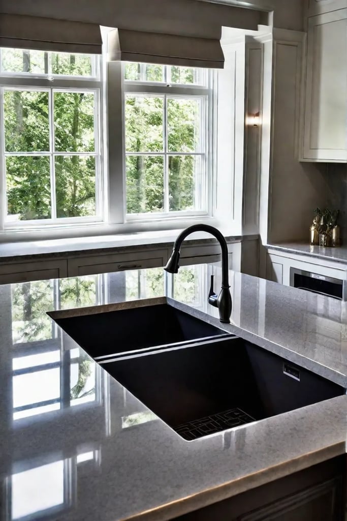 Quartz countertop and designer hardware in a small kitchen