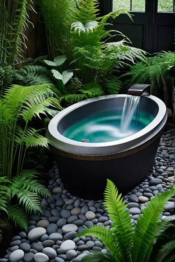 Repurposed bathtub pond with stones and ferns attracting wildlife