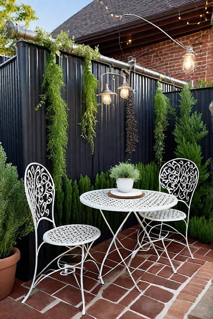 Romantic backyard with a metal screen and bistro set