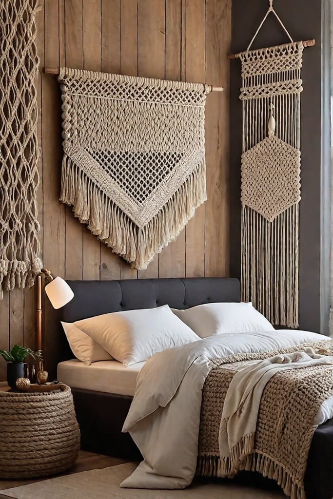Rustic bedroom with jute macrame wall hanging