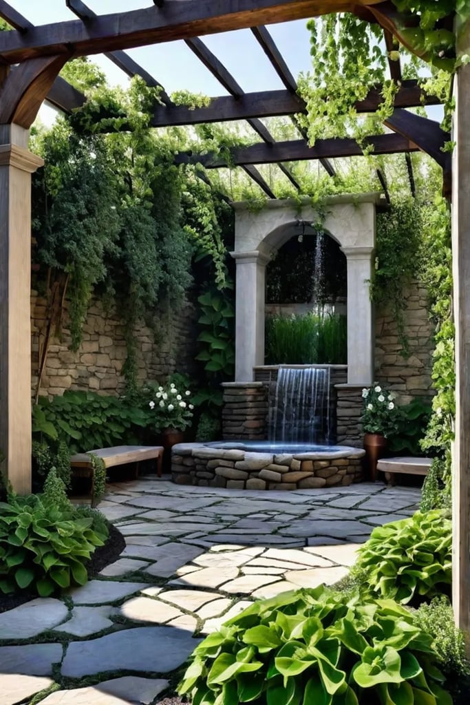 Rustic wooden pergola with flowering vines