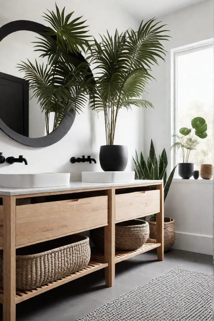 Scandinavian bathroom with minimalist black fixtures and natural light