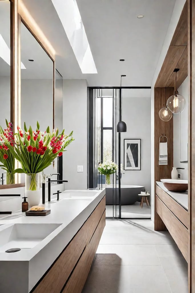 Scandinavian bathroom with pendant lights and fresh flowers