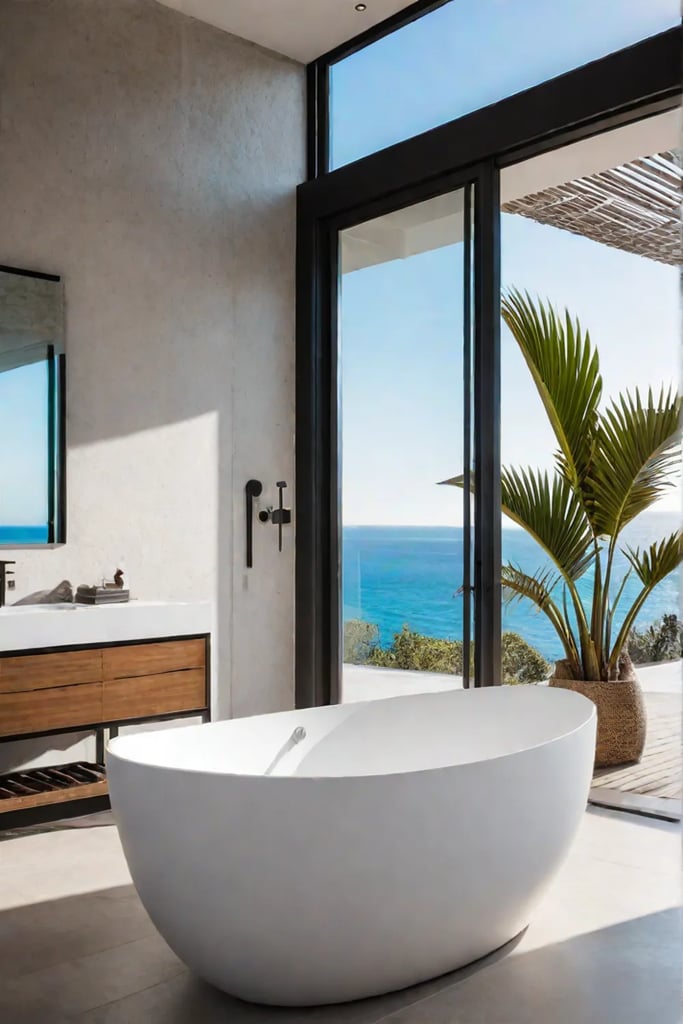 Serene bathroom with private patio and calming neutral tones