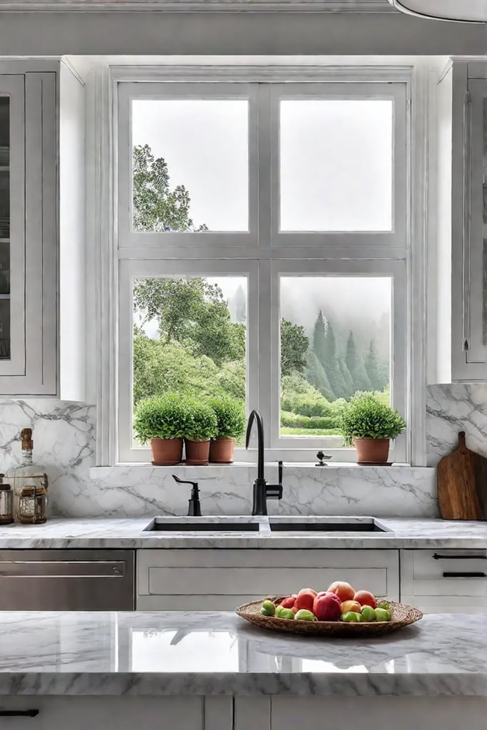 Serene kitchen with floral wallpaper and garden view