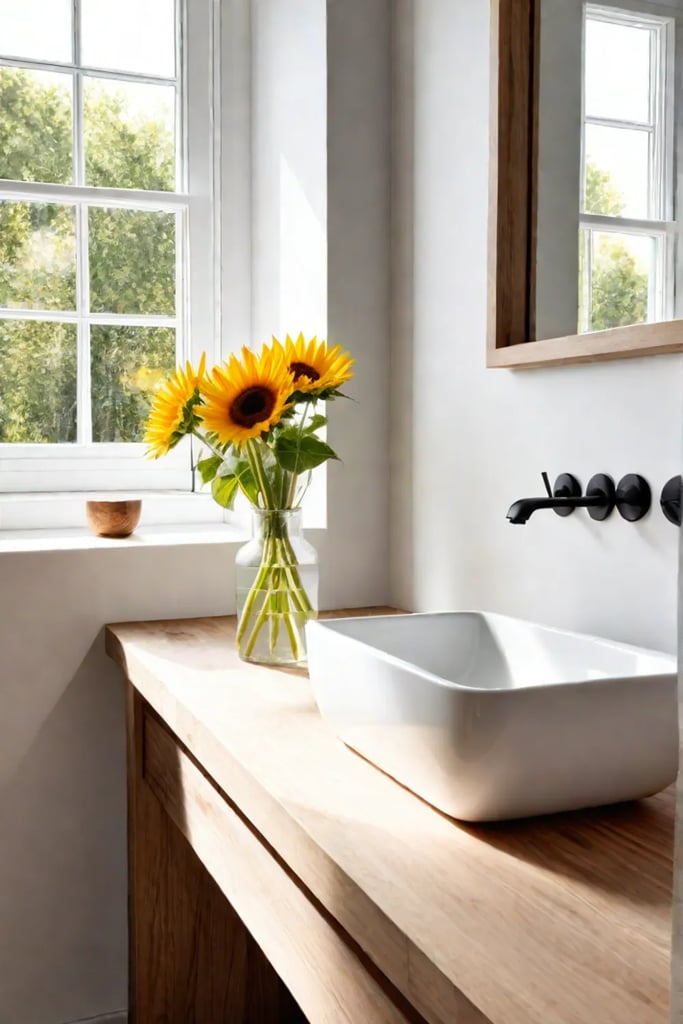 Simple Scandinavian bathroom with white walls and wooden countertop