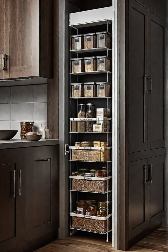 Small kitchen pantry with floortoceiling shelves labeled baskets and a doormounted spice rack