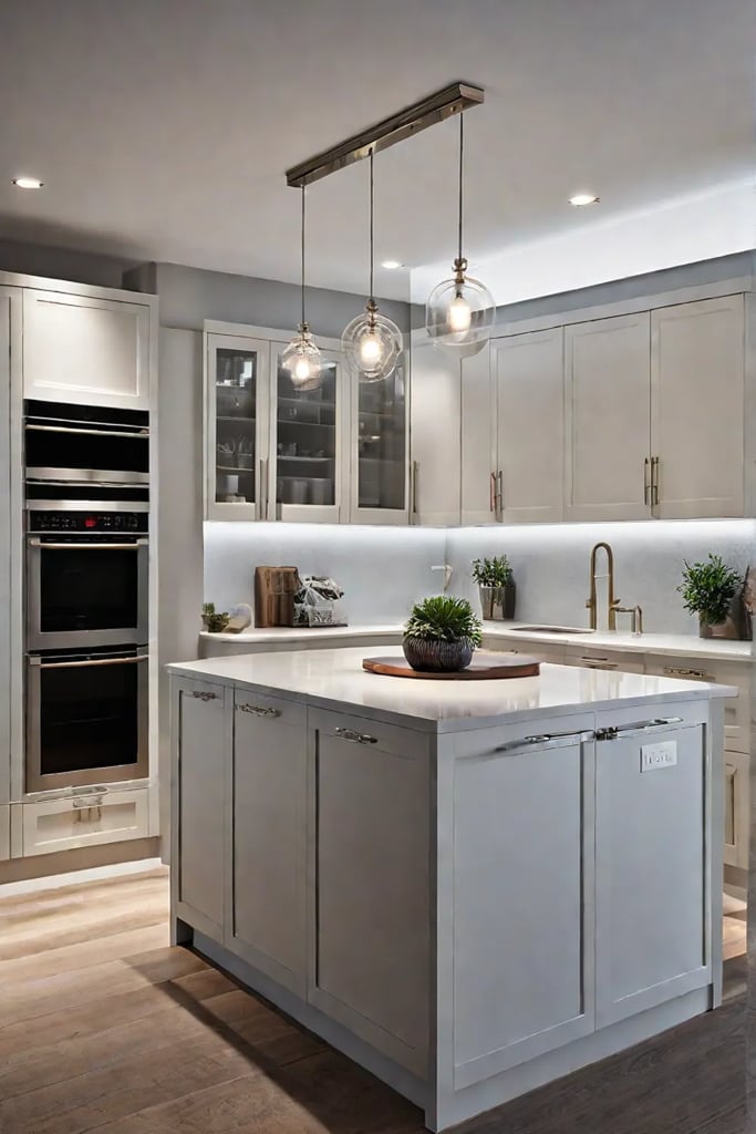 Small kitchen with a cozy and intimate atmosphere featuring warm lighting dark wood cabinets and a comfortable seating area