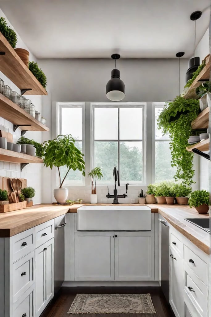 Small kitchen with a minimalist Scandinavian design featuring light wood cabinets black countertops and geometric pendant lights