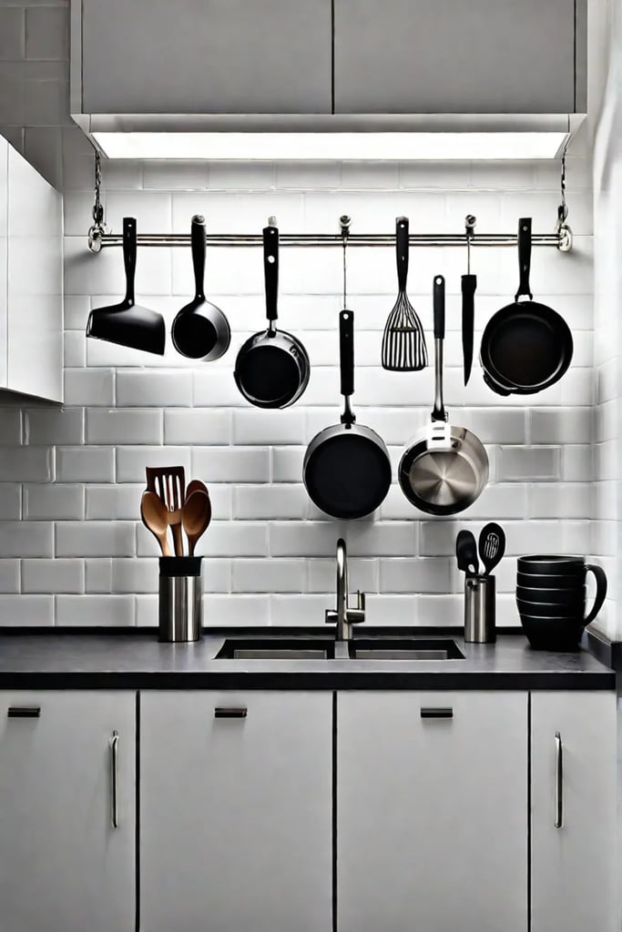 Spacesaving solutions in a small kitchen with magnetic strips and a mug rack