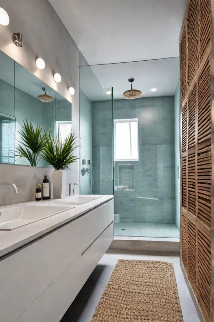 Spalike bathroom with wavetextured tiles and natural fibers