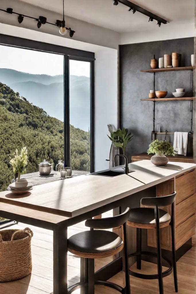 Sunlight illuminates a cozy Scandinavian kitchen nook with wooden accents