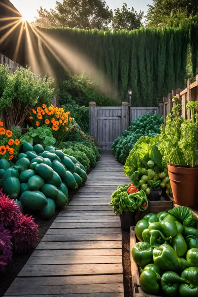 Sustainable backyard kitchen garden at sunset
