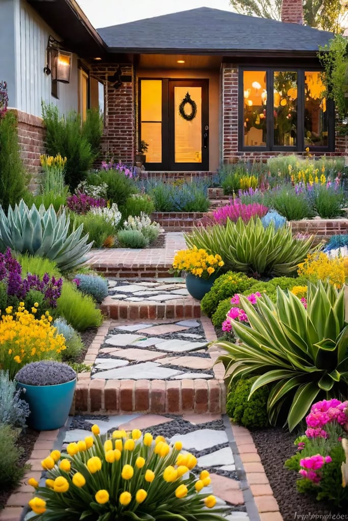 Upcycled planters and blooming flowers on a charming porch