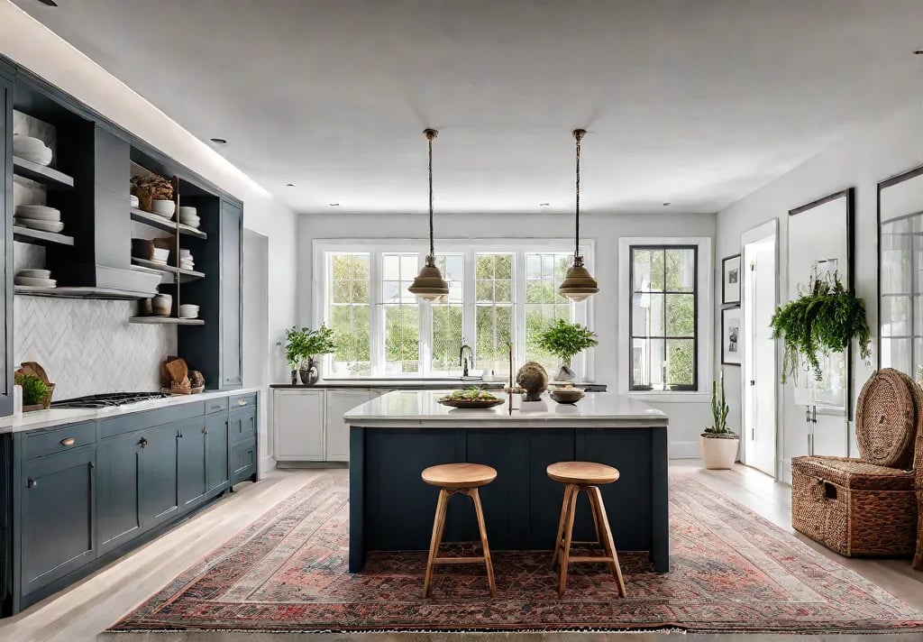 A bright airy white kitchen with large windows a vintage rug addingfeat