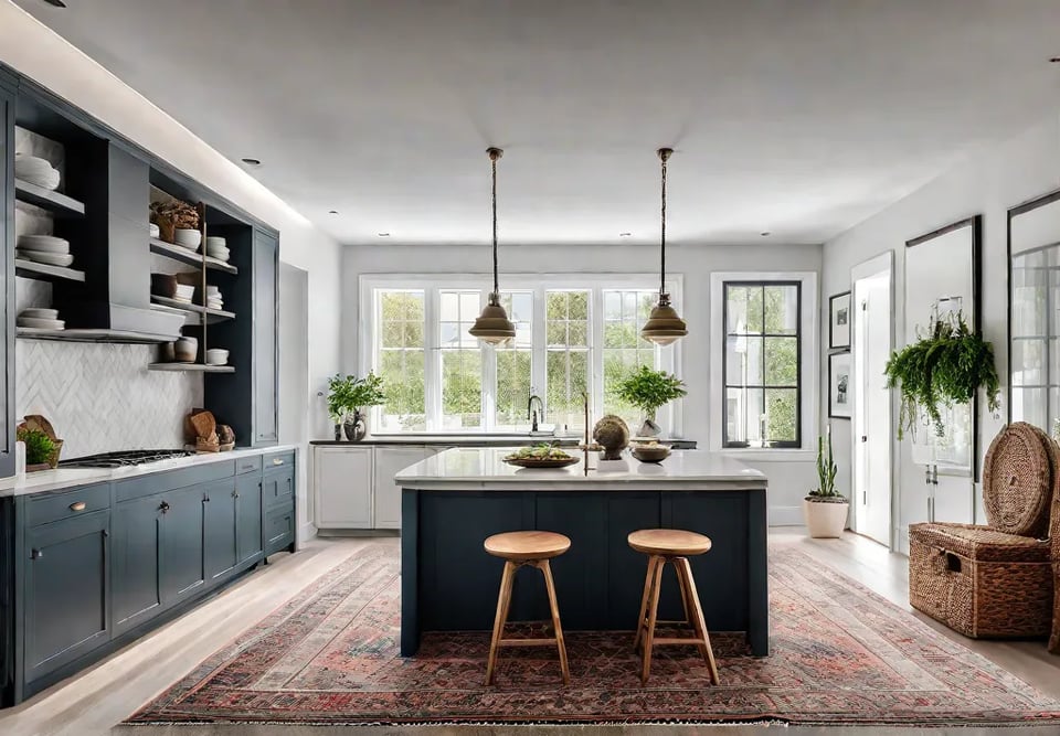 A bright airy white kitchen with large windows a vintage rug addingfeat