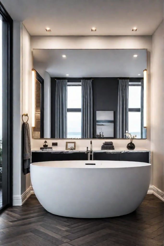 Bathroom with oversized mirror as focal point