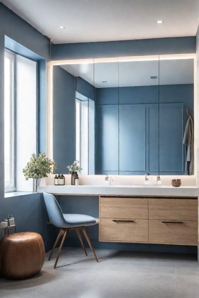 Bright airy small bathroom with mirror and light wood