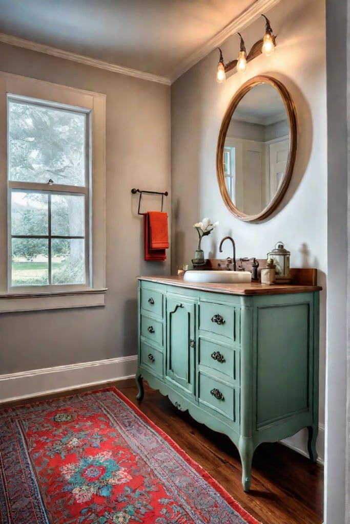 Eclectic bathroom with vintage vanity and colorful accents
