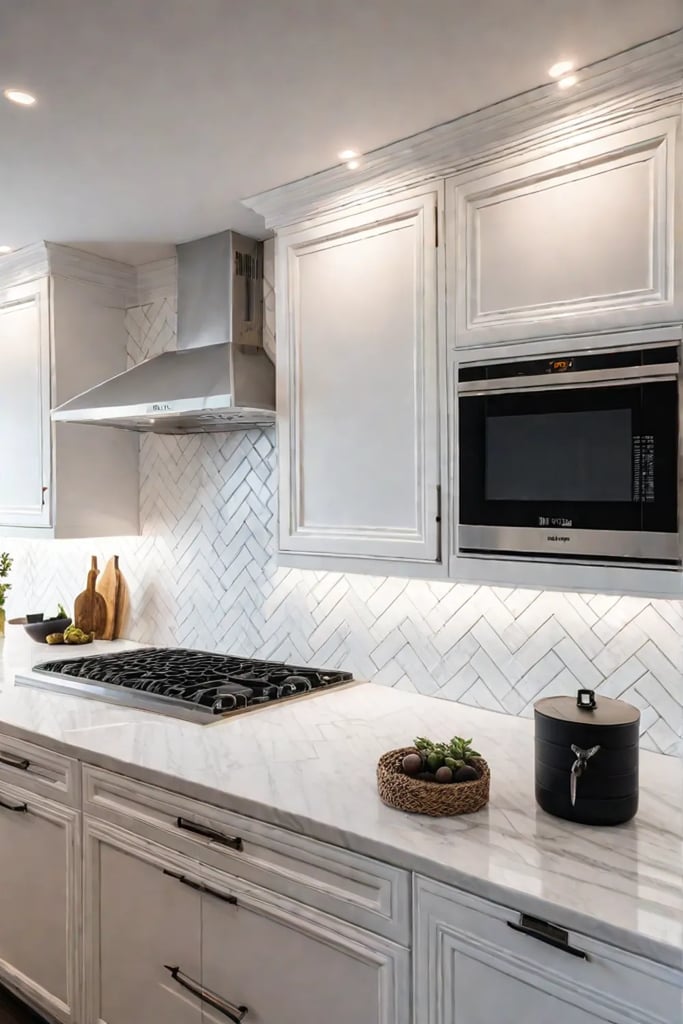 Herringbone backsplash in white kitchen
