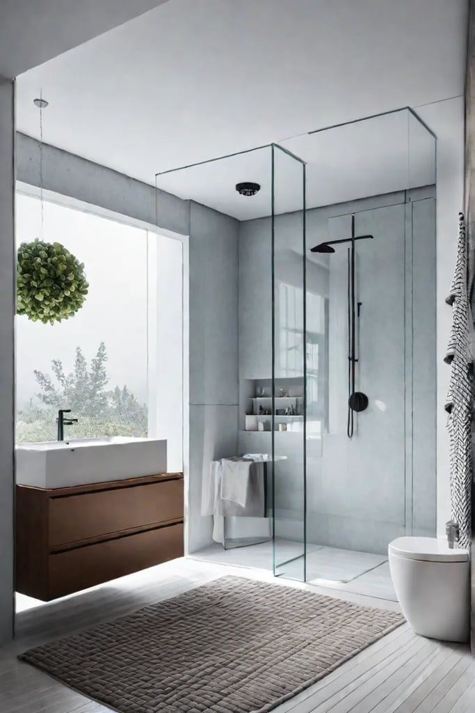 Modern bathroom with large frameless mirror