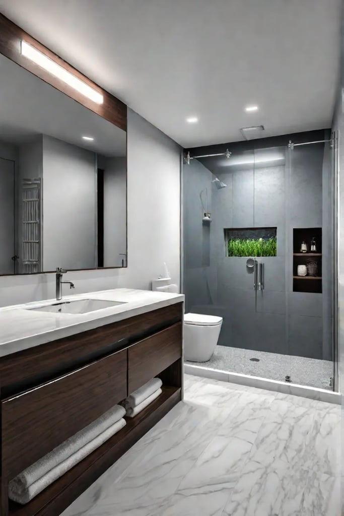 Modern small bathroom with frameless glass shower