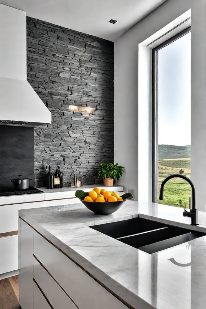 Natural stone backsplash in white kitchen