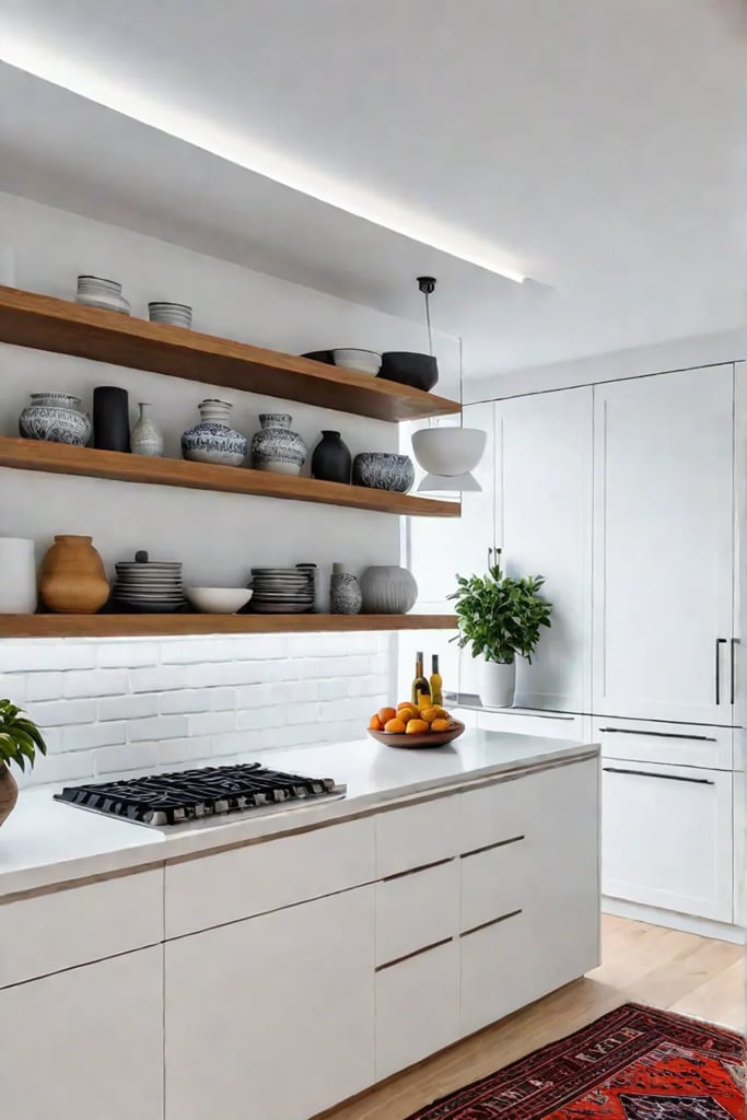 Scandinavian kitchen design with colorful rug and ceramic accents