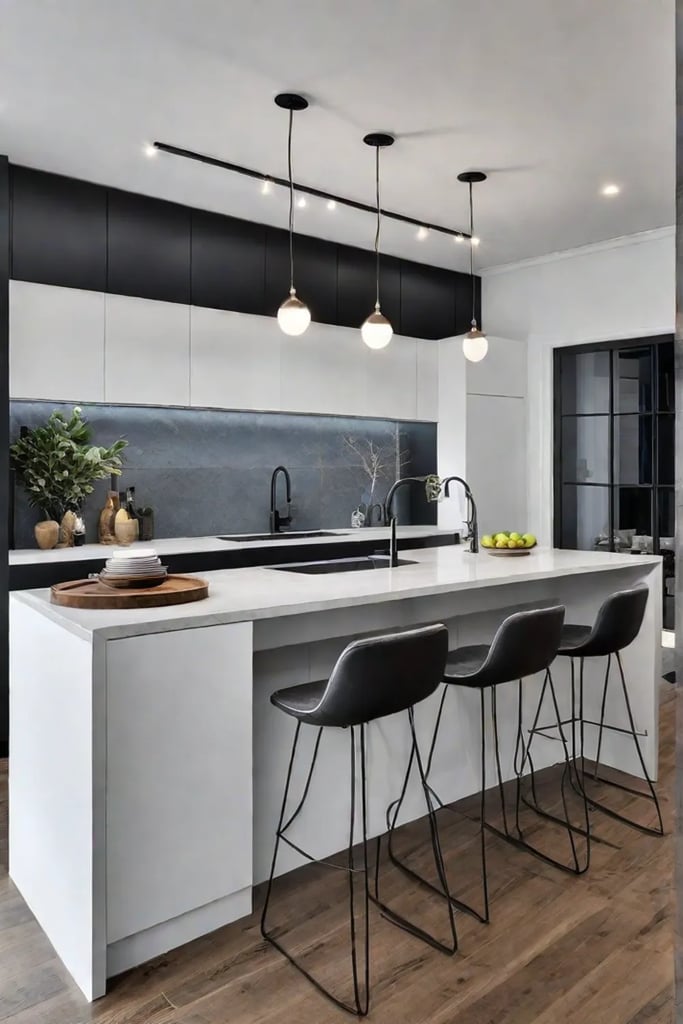 Small kitchen design with grey countertop and white cabinets