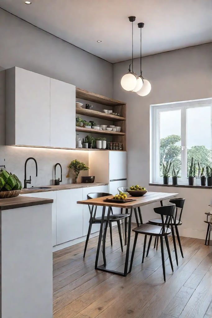 Small kitchen design with white cabinets and open shelving