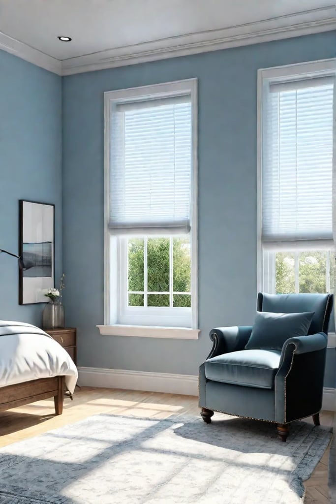 Airly bedroom with blue walls and white curtains