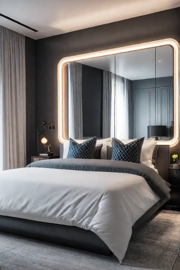 Bedroom with mirror reflecting natural light