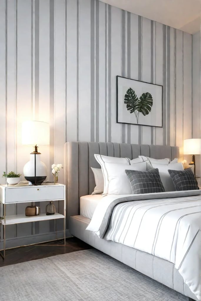 Bedroom with striped wall to enhance height