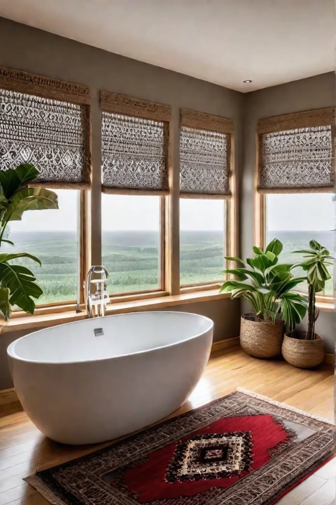 Bohemian bathroom vintage rug potted plants