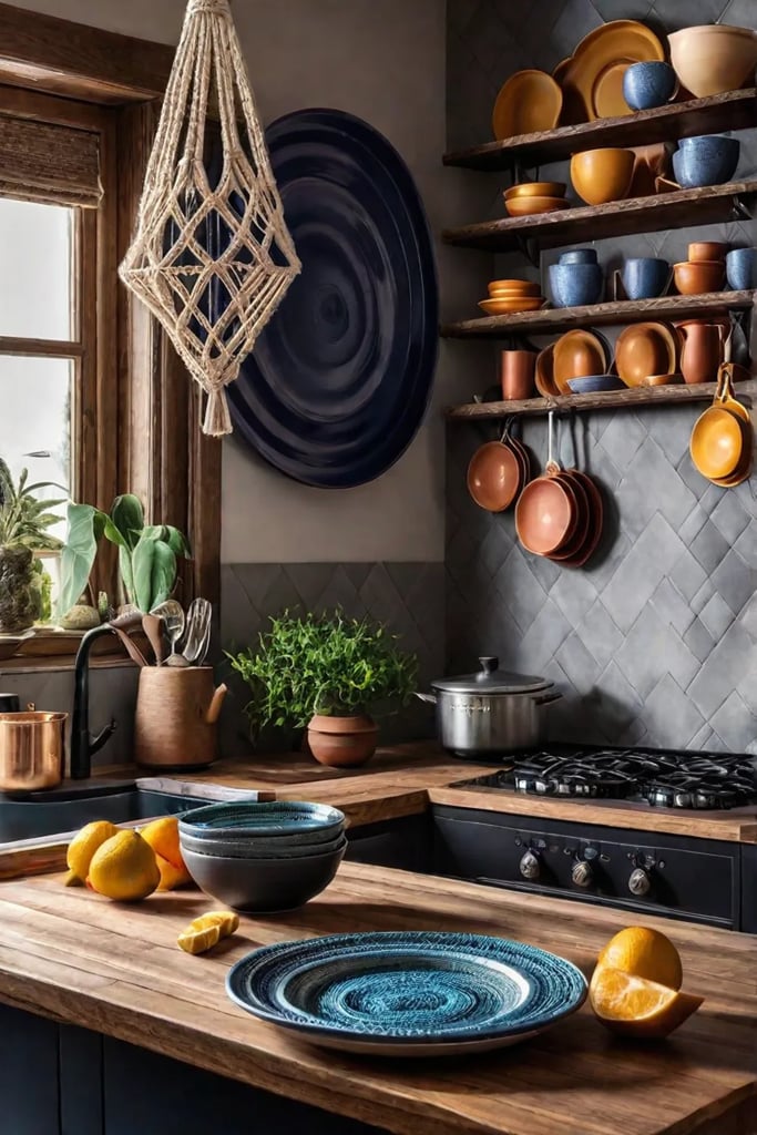 Bohemian kitchen with a collection of vintage suitcases stacked on top of the cabinets