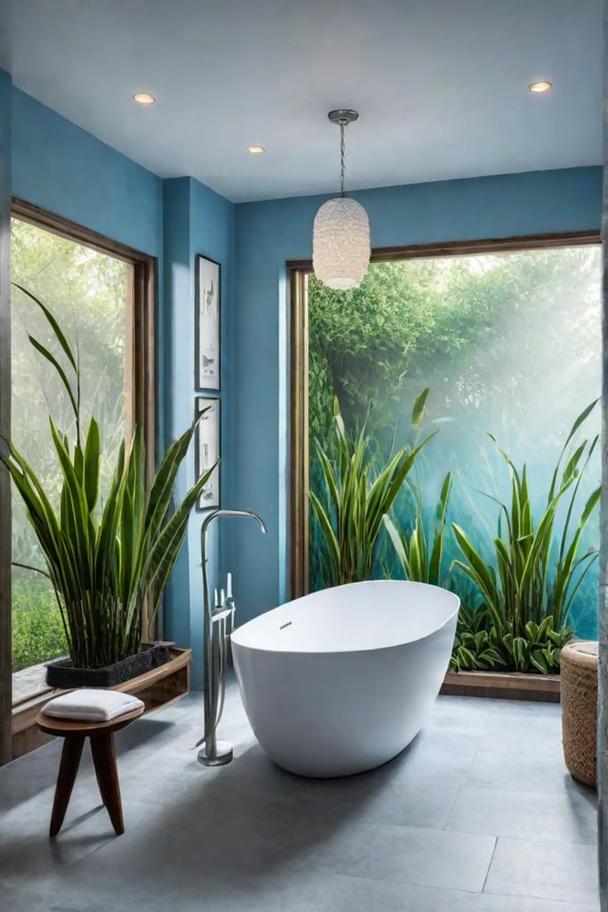 Calming bathroom green garden view soft lighting