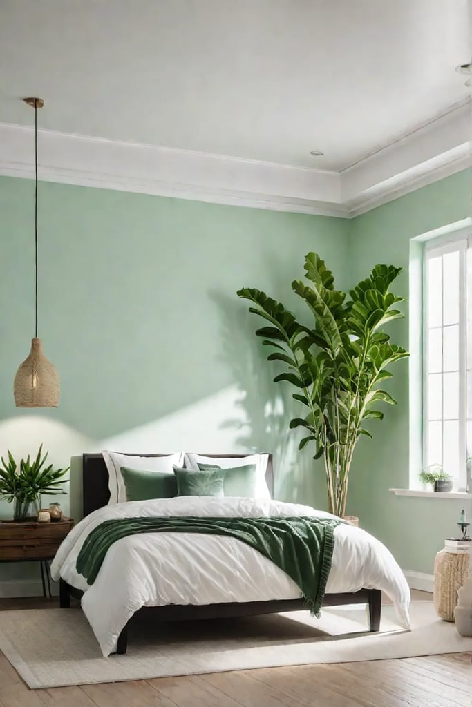 Calming bedroom with light green walls