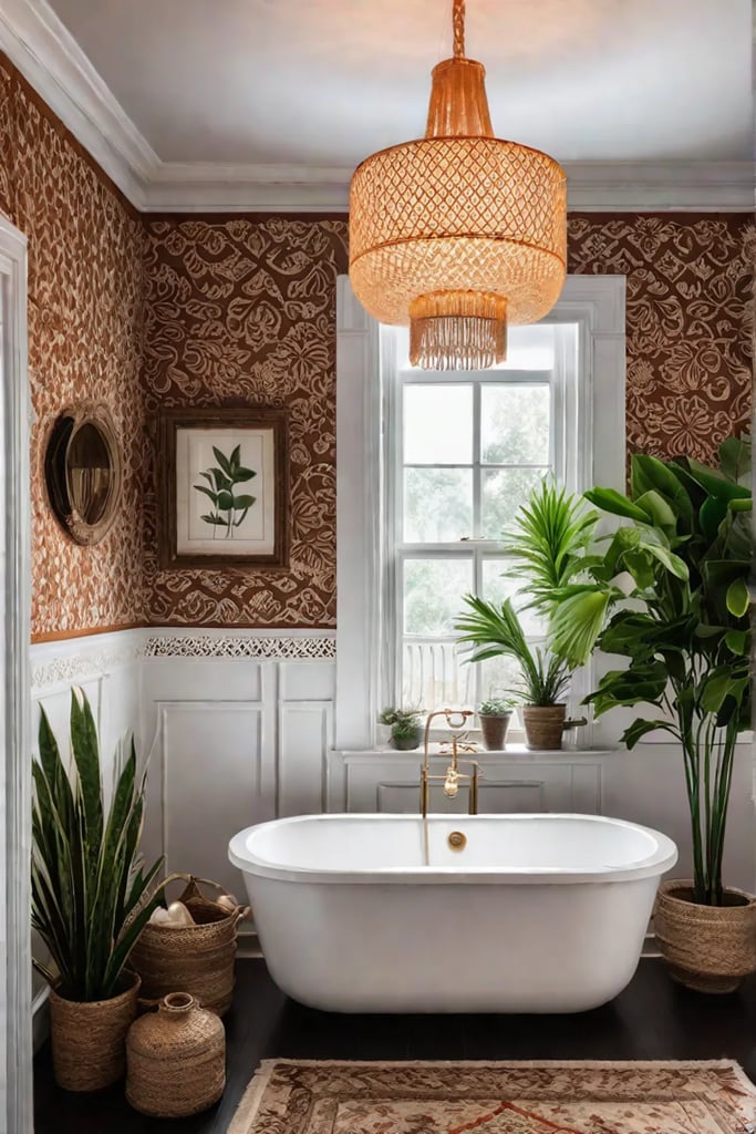 Earthy bathroom macrame wall decor freestanding bathtub