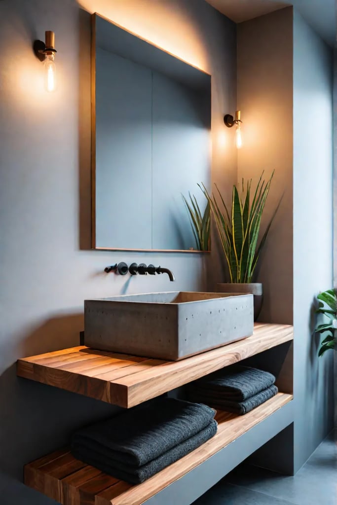 Eclectic bathroom with concrete and wood sink combination