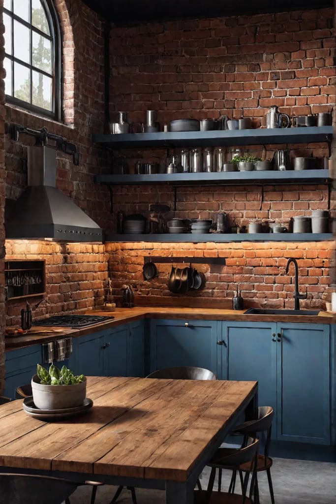 Industrial kitchen with a vintage factory cart repurposed as a kitchen island