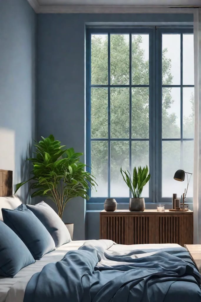 Minimalist bedroom design with blue walls