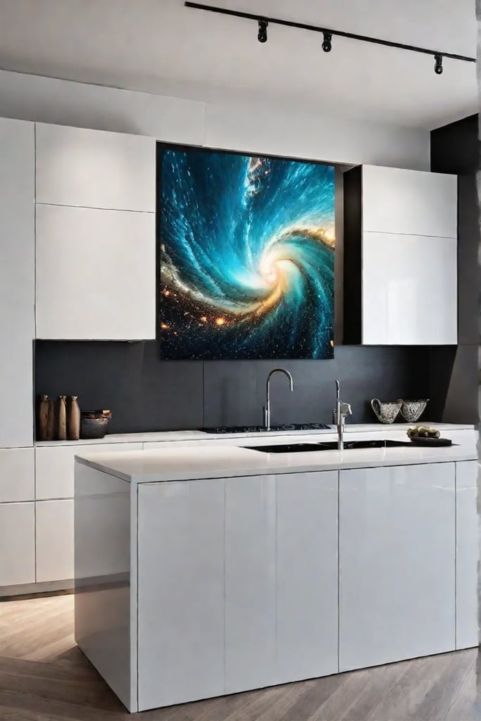 Modern kitchen with a geometric print rug adding a pop of color to the minimalist space