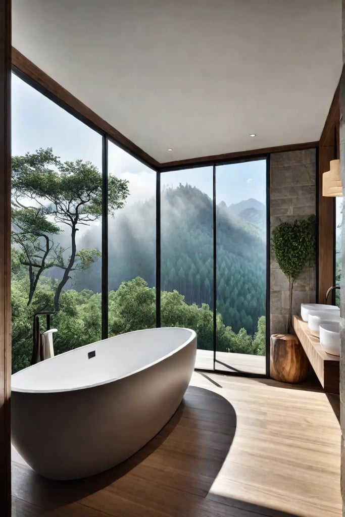 Natureinspired bathroom stone tiles wooden accents