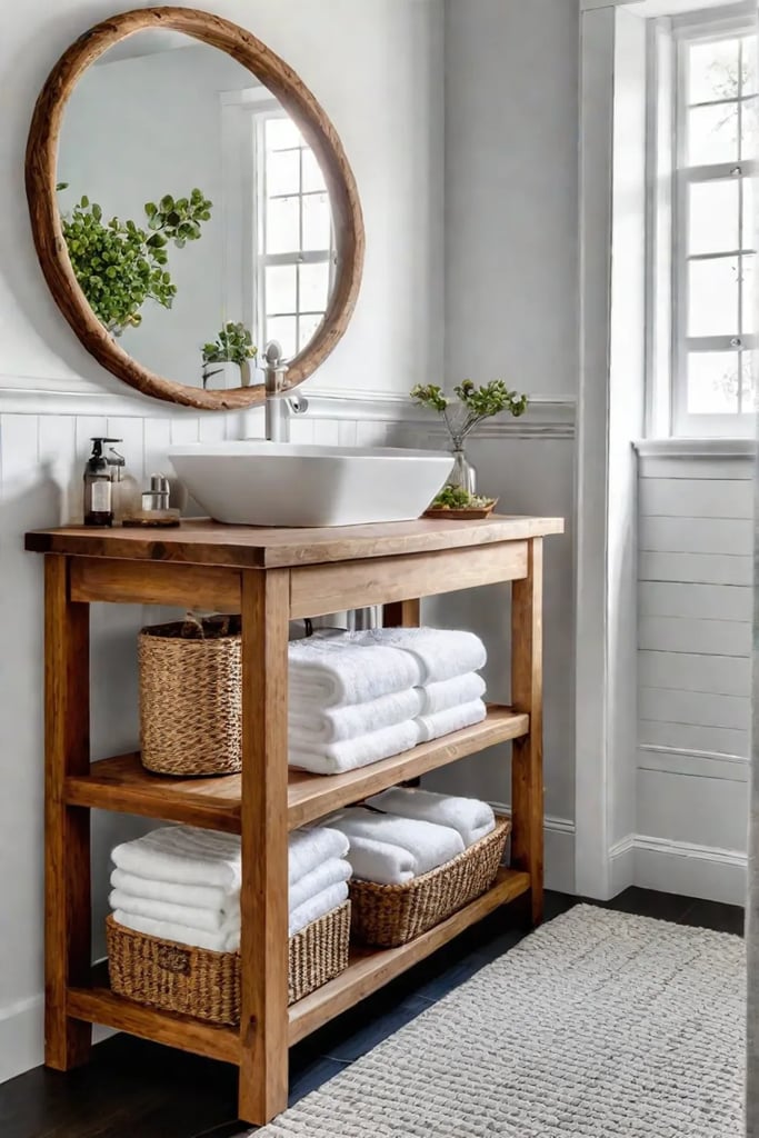 Open shelving bathroom vintage mirror woven baskets